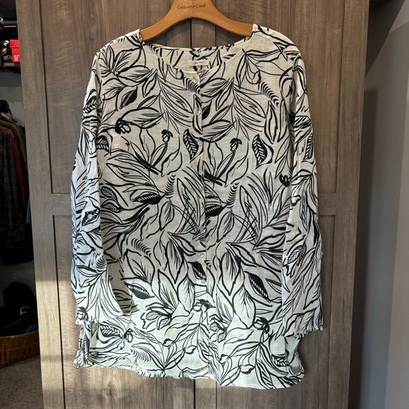 Christian Siriano 100% Linen Long Sleeve Roll Tab Floral Blouse Size 1X - Picture 1 of 10